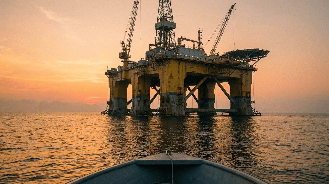 Offshore oil platform at sunset